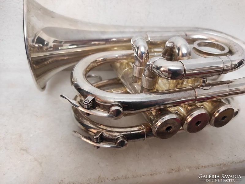 Antik hangszer kis rézfúvós trombita kürt dobozában japán 382 6304