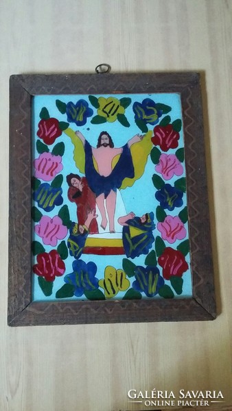 Old Transylvanian stained glass icon with wooden frame
