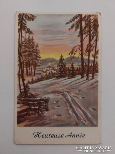 Régi karácsonyi képeslap levelezőlap havas táj fenyves erdő