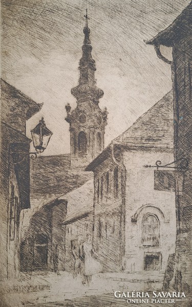 Romantic street scene with a church tower (etching) 36x27 cm