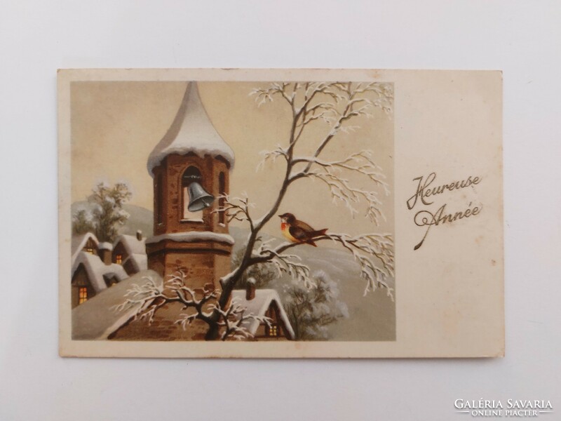 Old Christmas postcard 1945 postcard snowy landscape church little bird bell