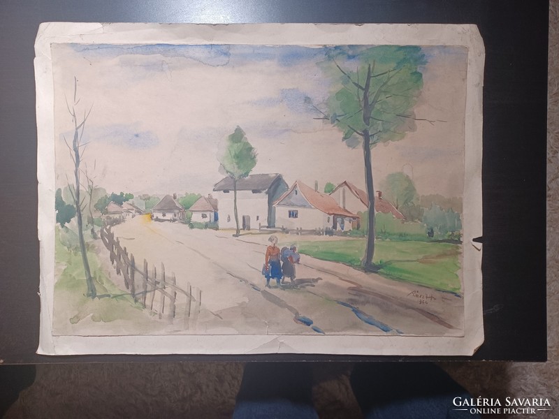H. Rácz: Rural street scene, watercolor (full size 47x34.5 cm)