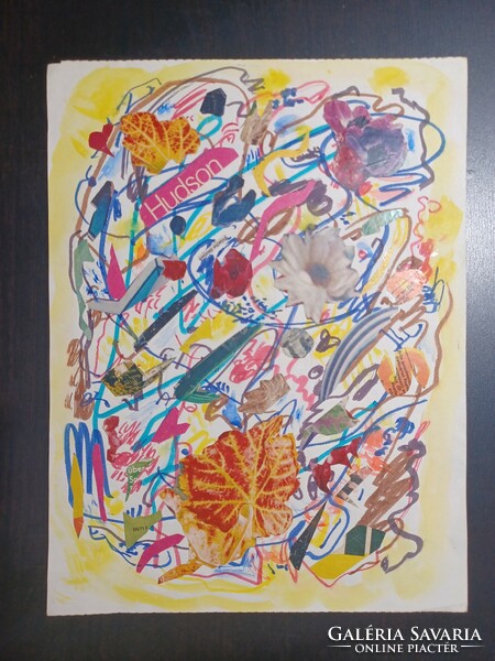 Csűrösné Bruckner Valéria: Színes kollázs (21x27,5 cm) filctoll, újságkivágások, virágok