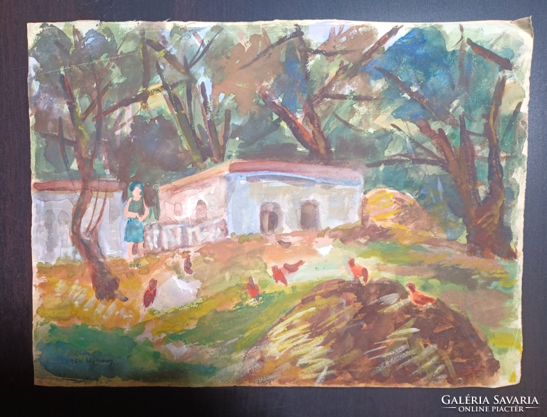 Altai Ilona: kertes ház csirkékkel (42x31 cm) akvarell, kétoldalas kép