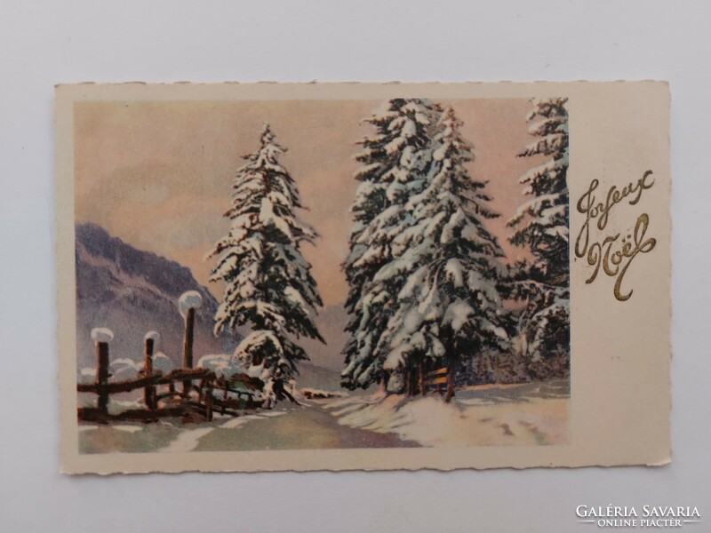 Régi karácsonyi képeslap levelezőlap havas fenyők
