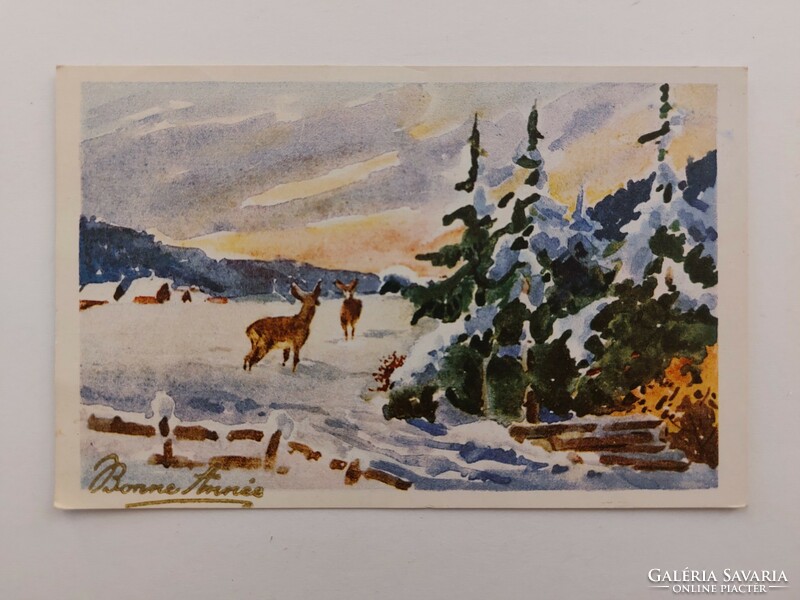 Régi karácsonyi képeslap levelezőlap havas táj őzike