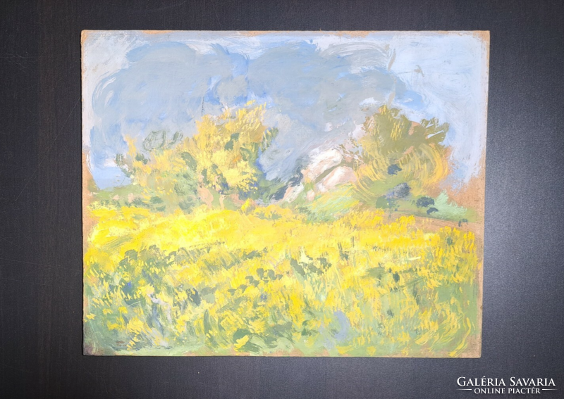 Serene summer landscape with flowers - oil painting on fiberboard 30x37 cm