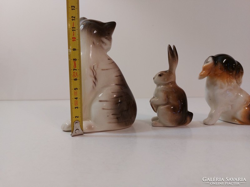 Retro old 4 pcs glazed ceramic domestic animals cats rabbits dogs