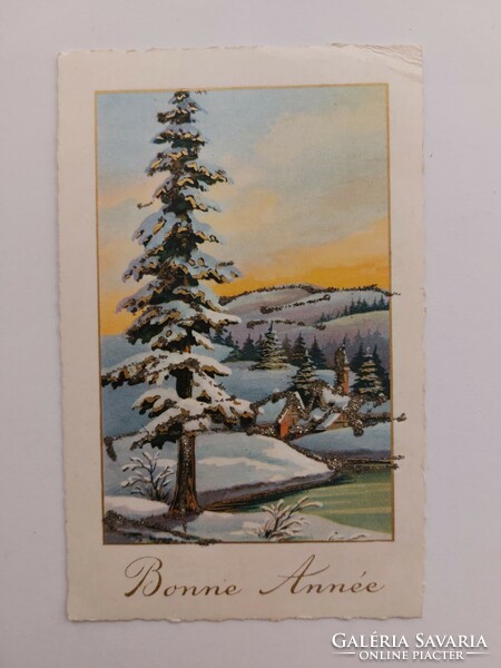 Régi karácsonyi képeslap levelezőlap havas táj fenyőfák