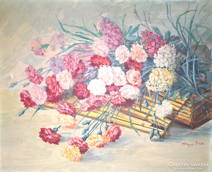 Beautiful flower still life! From 1936, tempera, work by Henrik Major (48x60 cm)