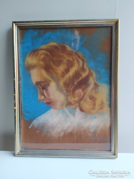 Attila Sassy: female portrait in its original frame, flawless 51x39 cm