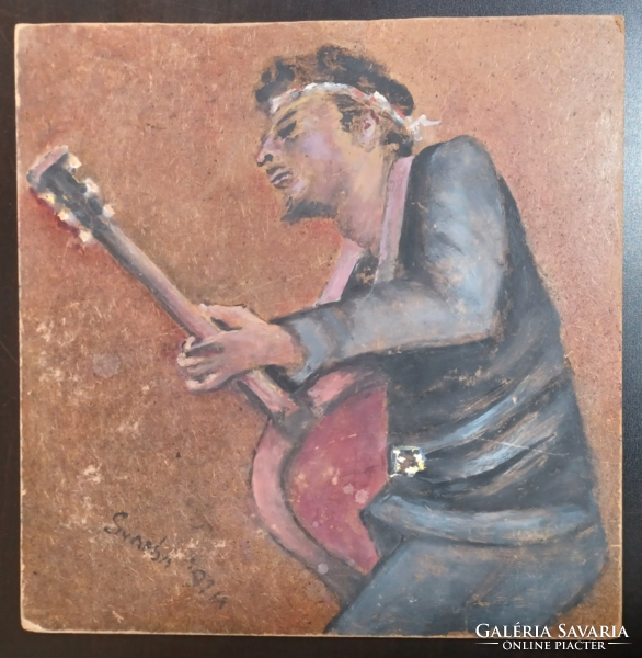 Gitáros, 1991 (25x25 cm) tempera, farostlemez - zenész festmény
