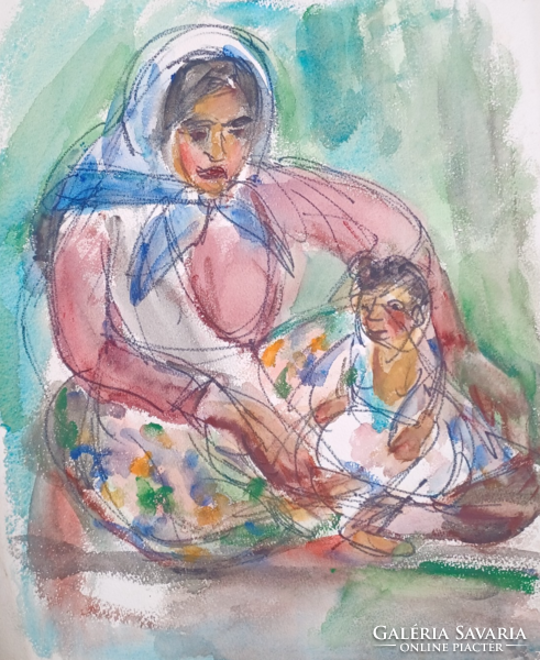 Bruckner Valéria: anya gyermekével - 40x32 cm - Akvarell