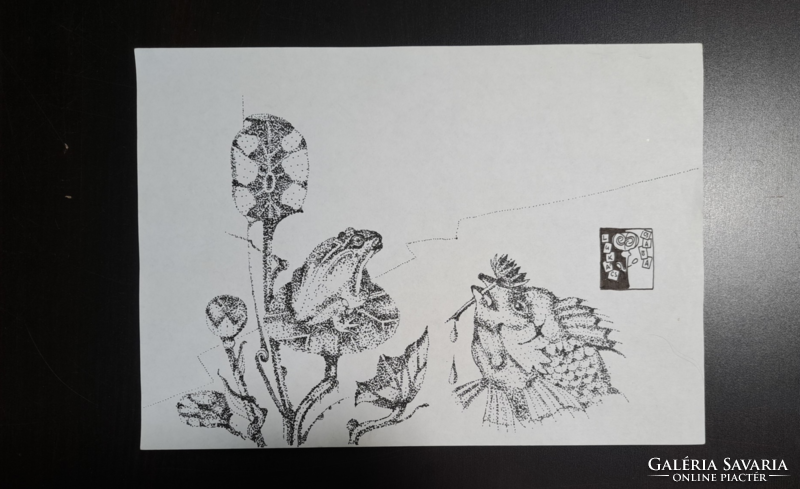 A béka és a hal szerelme - pointillista tollrajz, állatok - Lukács Csaba - 21x30 cm
