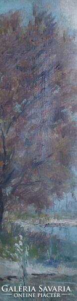 Vízparti tájkép részlet, jelzett olajfestmény (teljes méret 31x47 cm) tájképcsík