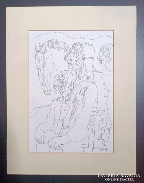 Folk figures with horse, marked ink drawing (full size 28.5x22 cm)