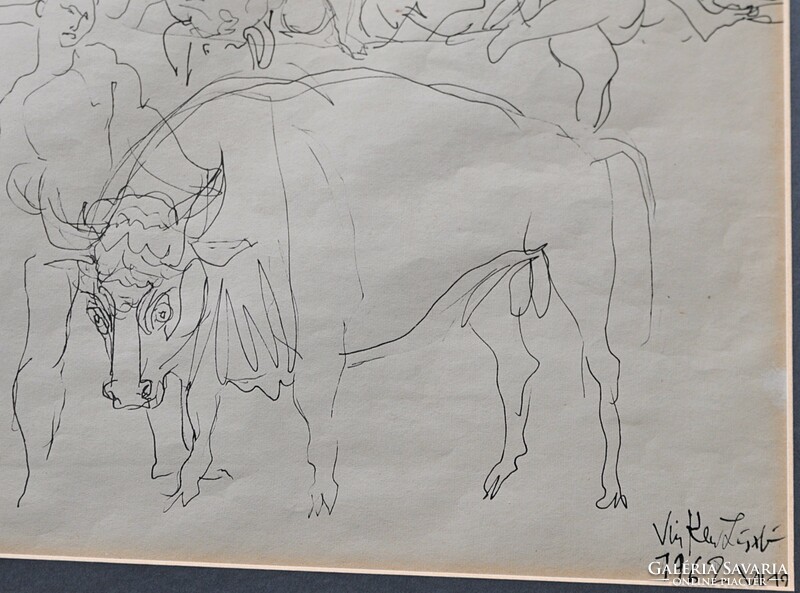 Vinkler  László (1912-1980) rajza: A bika (méret: 43x35 cm - kerettel)