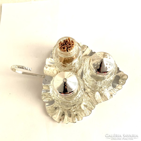 Old salt shaker pepper shaker toothpick holder set on metal amber leaf, set from the 70s