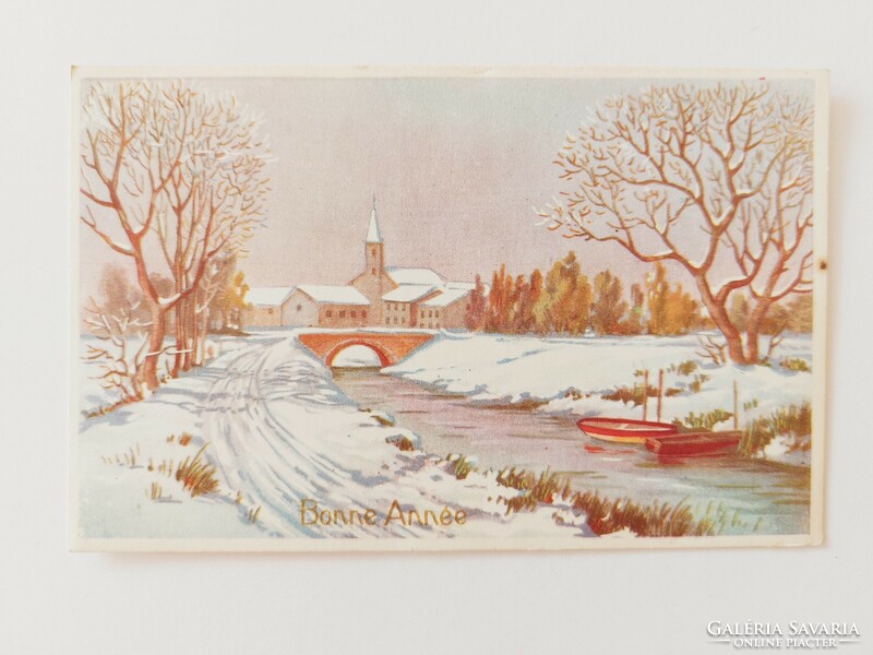 Régi karácsonyi képeslap levelezőlap havas táj patak