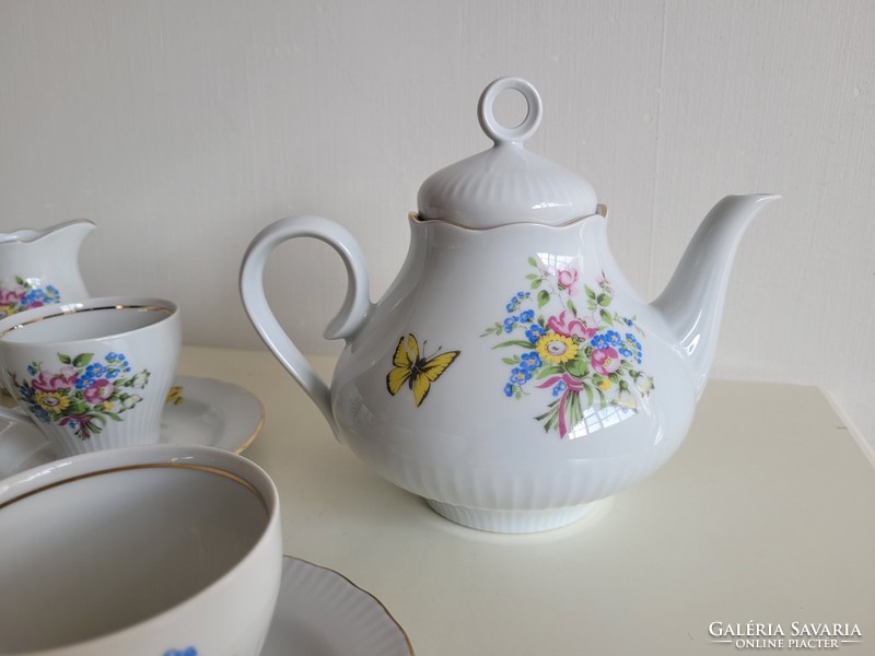 Régi retro német lepkés porcelán kávés készlet virágos lepke mintás mid century táskanna csésze