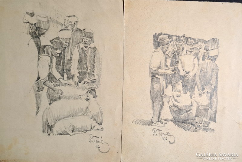 Bravúros ceruzarajzok (2 db) Tomič Rajko (1905-1988) művei - Pásztorok bárányokkal, falusi életkép
