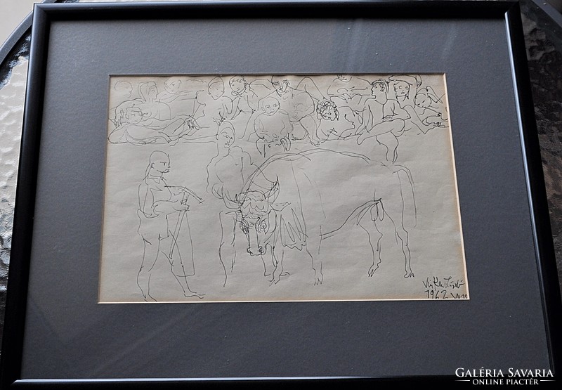 Drawing by László Vinkler (1912-1980): the bull (size: 43x35 cm - with frame)