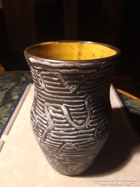 Retro fekete - sárga kerámia váza - 175 mm