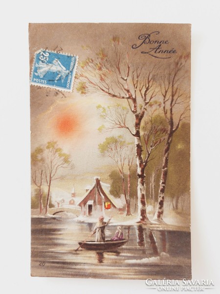 Régi karácsonyi képeslap levelezőlap havas táj csónak