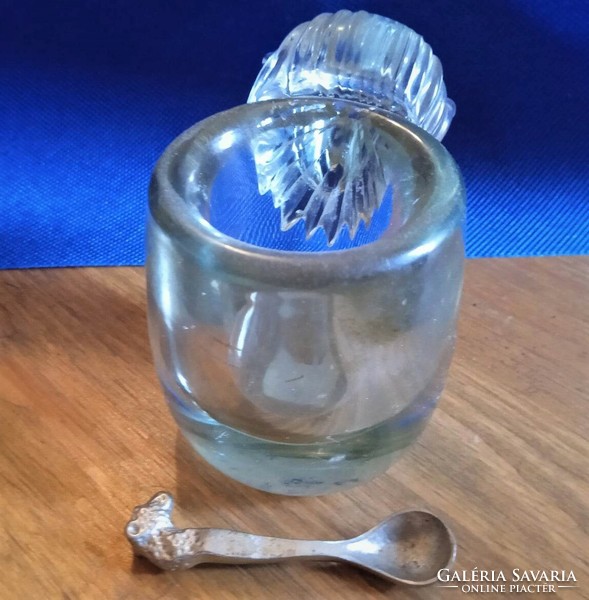 Small glass mustard holder with a small silver plated spoon