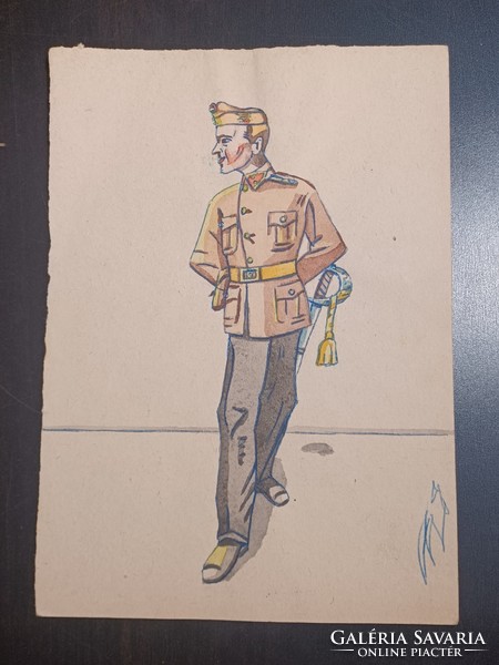 Combat artillery lieutenant - illustration, miniature watercolor, 1975, full size 21x15cm