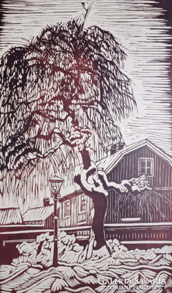 Tavaszy Noémi: Havas fa kalmárban, linóleummetszet, 1993, teljes méret 43x61 cm