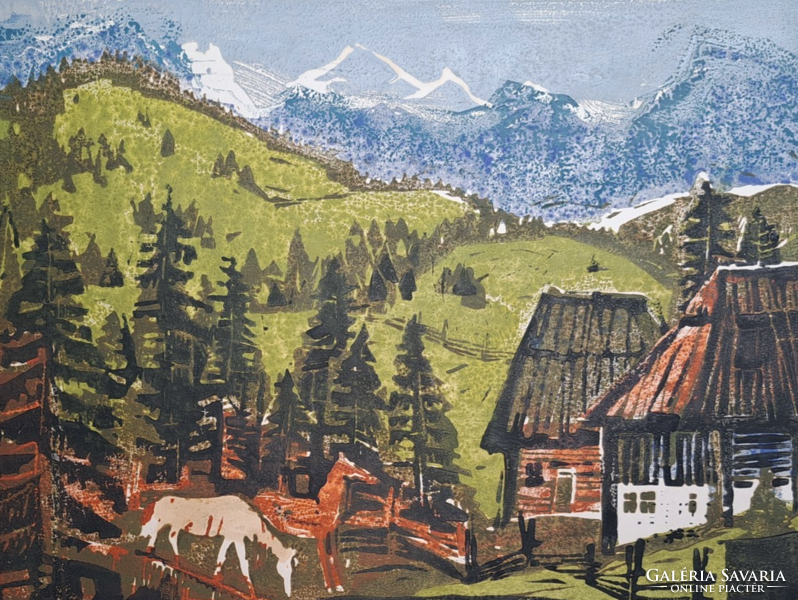 Rác András (1926-2013): Alpesi házikók (színes linómetszet, teljes méret 43x61 cm)