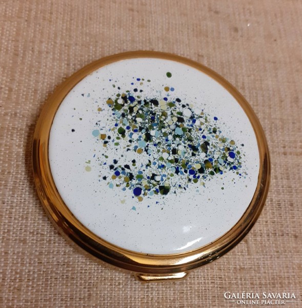 Old gilded powder compact encrusted with fire enamel in good condition