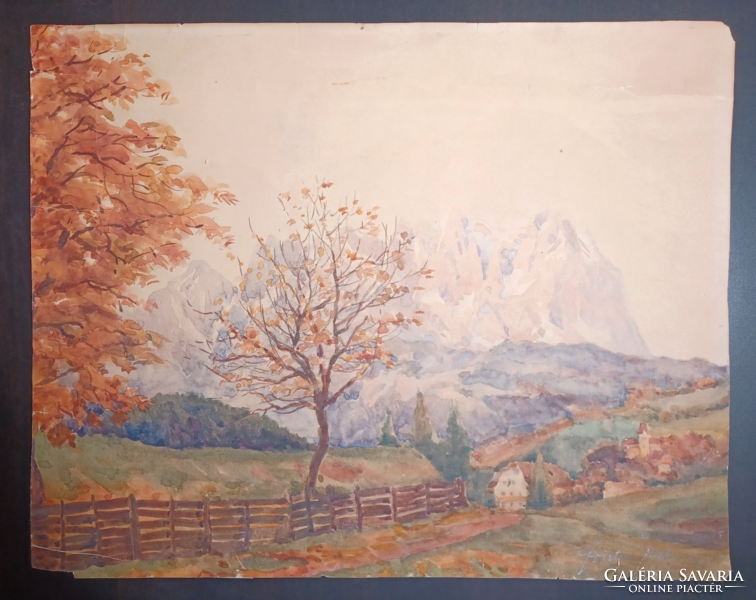 Autumn landscape watercolor, marked, 1928 (54x43 cm)