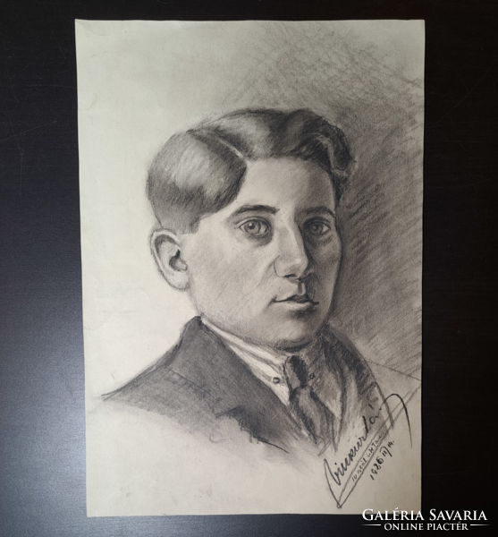 Portrait of a student boy from 1926 (charcoal pencil) size 40x27 cm - boy portrait