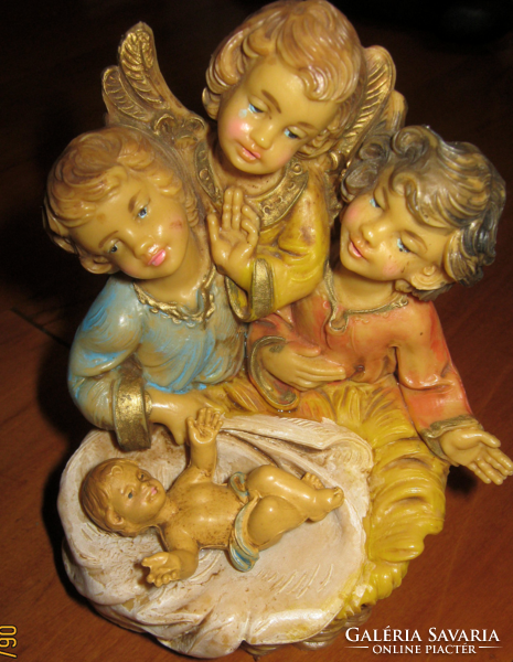 Régi olasz  festett plasztik angyal szobor csoport jászol és kis Jézussal
