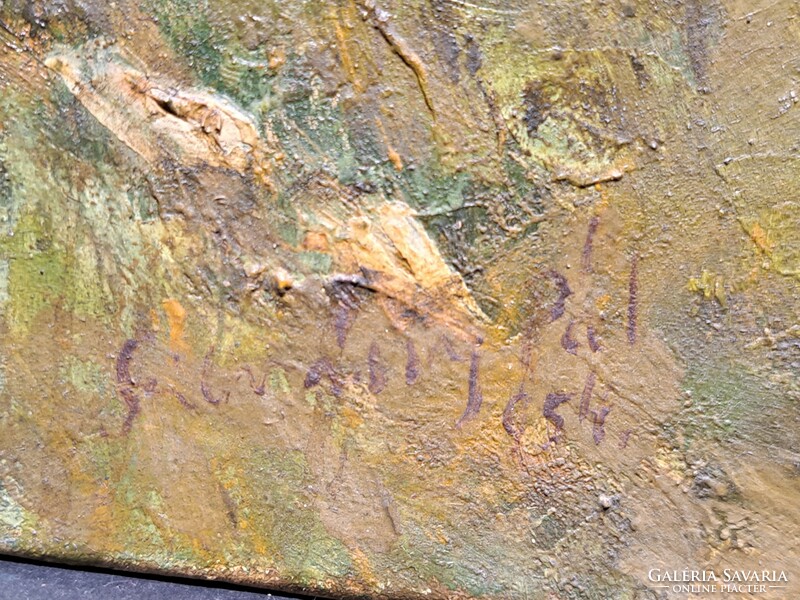 SZILVÁSSY PÁL - olaj-vászon tájkép 60x50 cm, 1954 (derűs táj fákkal, fény-árnyék játék)