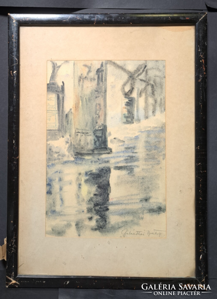 Galánthai Beatrix?: Eső után - jelzett utcakép, akvarell, teljes méret 47x34 cm