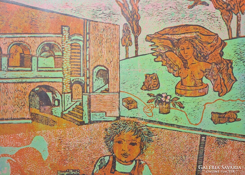 Benyó ildíko (1946-): images of hope - colored woodcut (full size 58x46 cm)