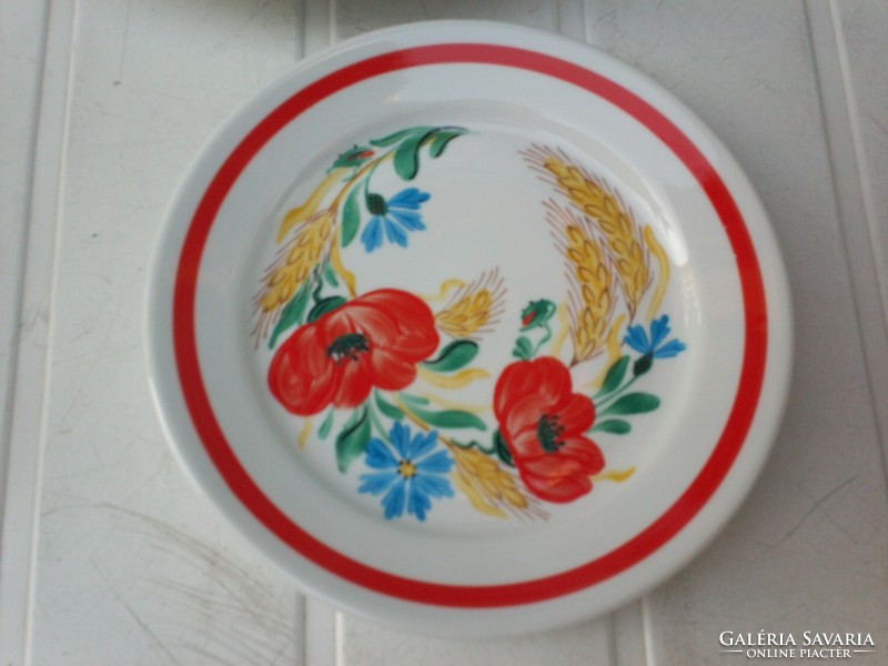 Red poppy pattern on hand-painted porcelain wall plate with cornflowers and ears