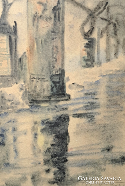 Beatrix of Galánthai?: After rain - marked street scene, watercolor, full size 47x34 cm