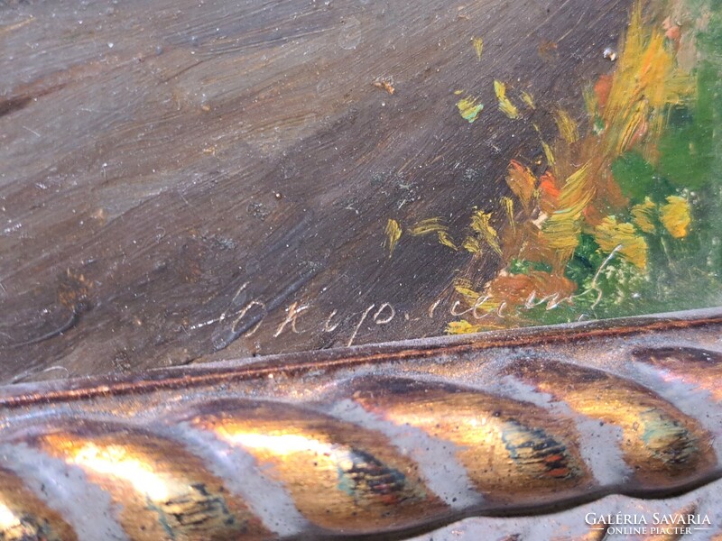Alföldi táj - jelzett olajfestmény, teljes méret 37x31 cm, miniatűr
