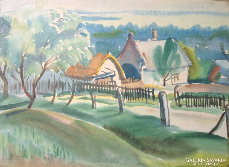 Rural street scene, watercolor, full size 37x28 cm