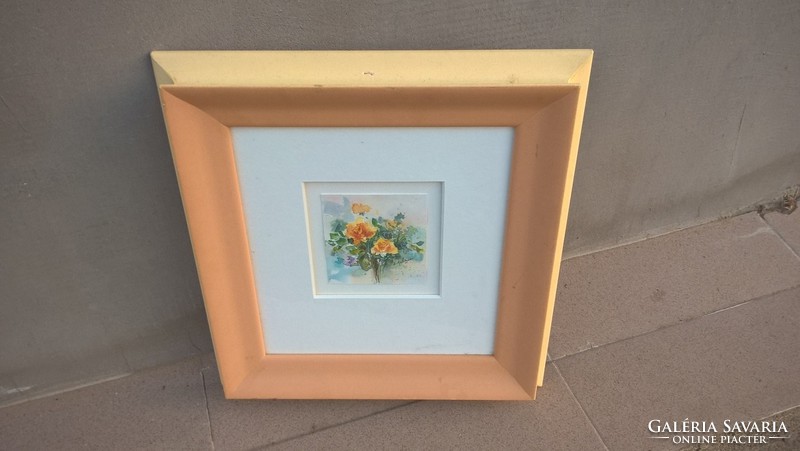 (K) Szép aprócska virágcsendélet akvarell  28x28 cm kerettel