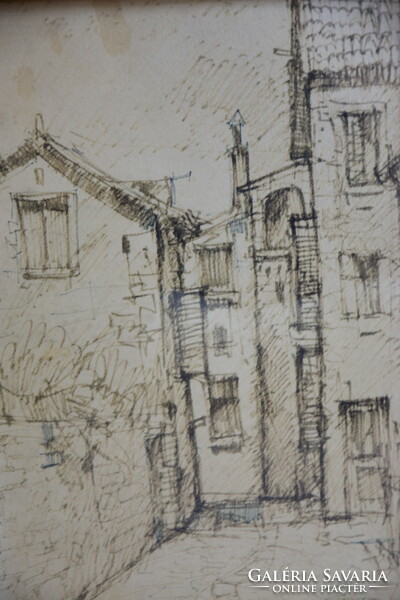 Old houses street scene ink drawing
