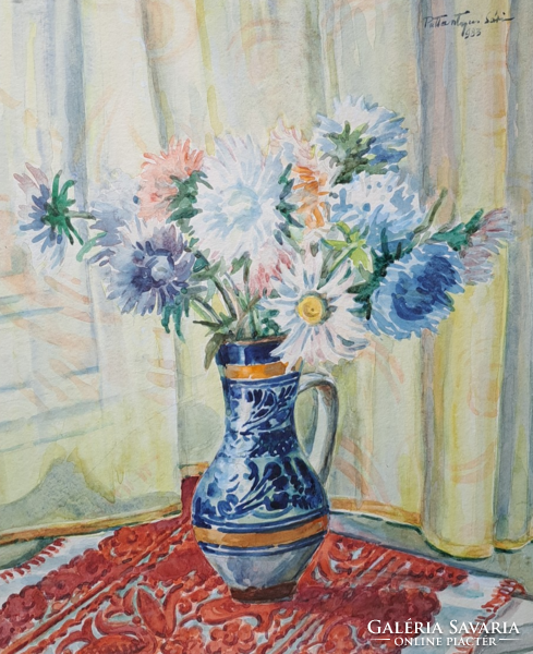 Pattantyus Sára: Virágcsendélet - 1983, akvarell (teljes méret 52x59 cm) Pattantyúsné Loy Sári