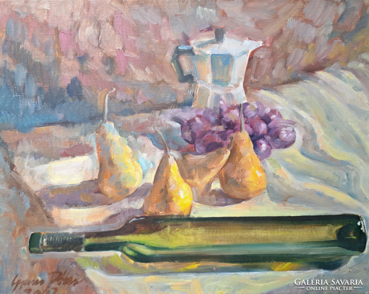 Gyenes Péter: Üveg körtékkel, 2002 (borosüveg, kávéfőző, gyümölcs csendélet) kecskeméti festő