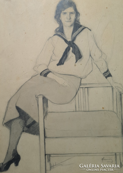 Heller Ödön (1878-1921): Matrózruhás diáklány, 1914, grafitceruza (teljes méret 42x32 cm)