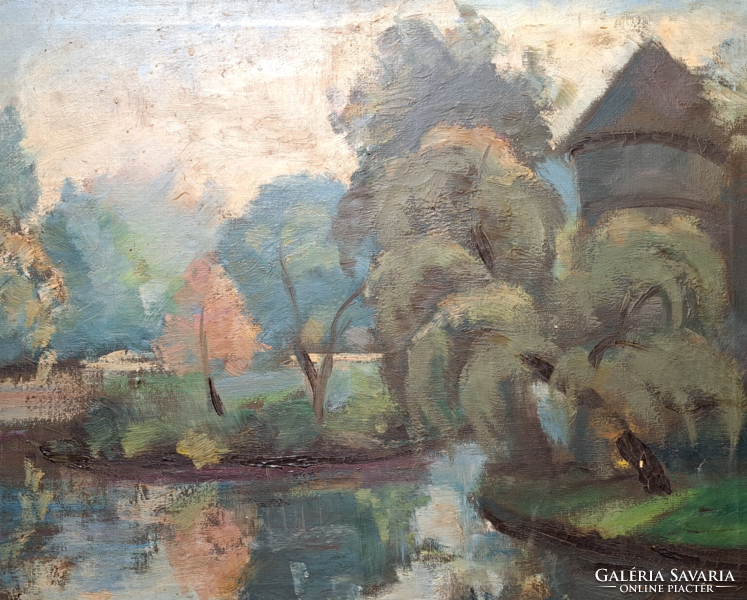 Vilmos Roisz (1906-1997): lakeside landscape with a tower (oil painting)