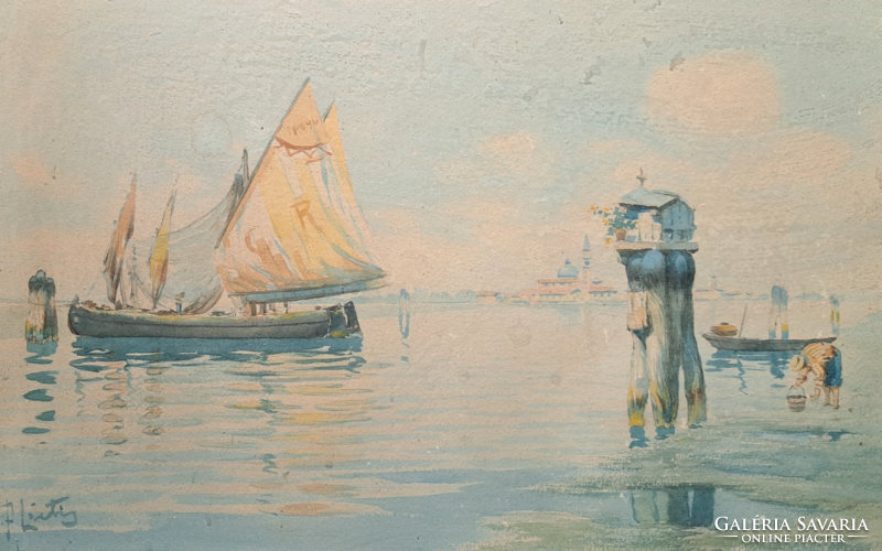 Mesebeli tengeri tájkép hajókkal (akvarell, teljes méret 39,5x27 cm)